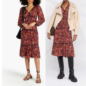 BA&SH Gigi Midi Dress Tiered All-over Floral Print Burgundy V-neck Long Sleeve